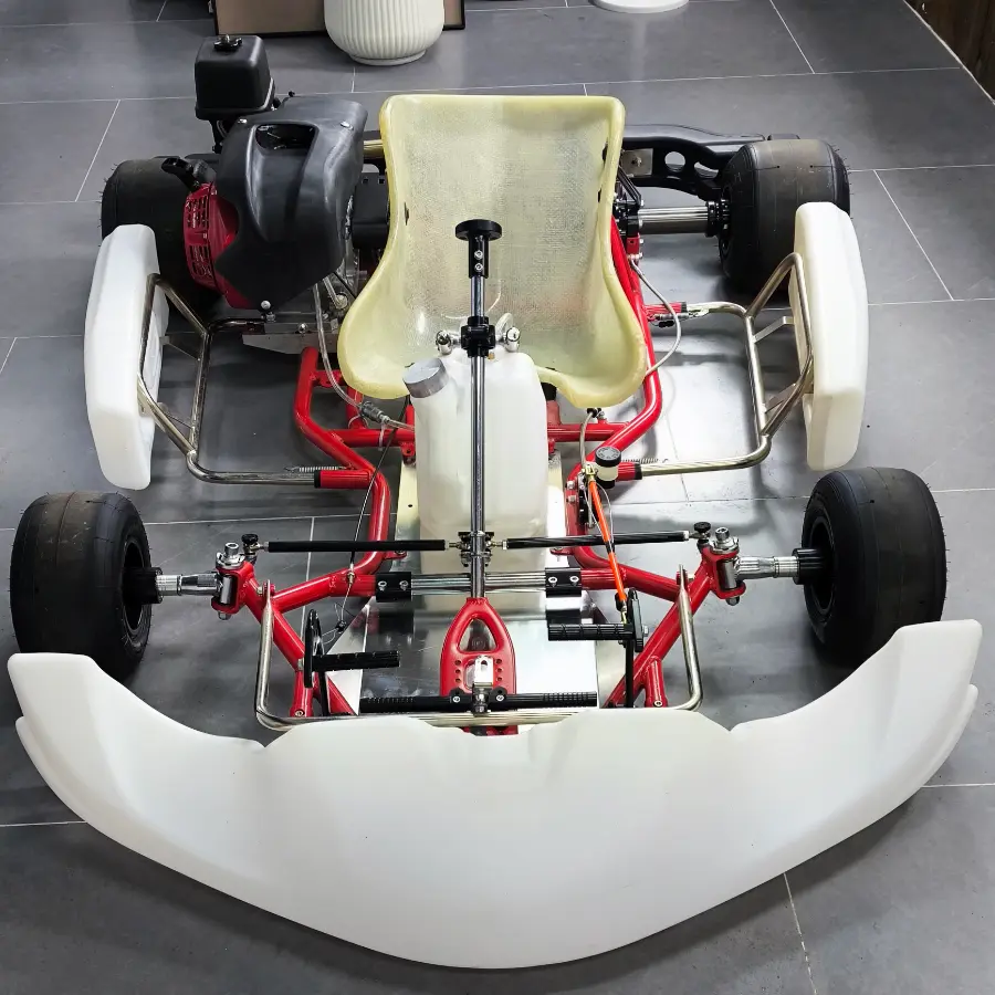 Commercial go kart chassis under assembly with Honda GX200 and GX270 engine options for racing and recreational karting applications.